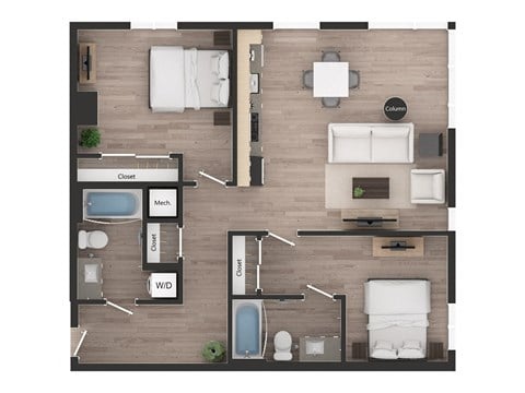 Floor plan for 2 beds, 2 baths, 953 sqft
