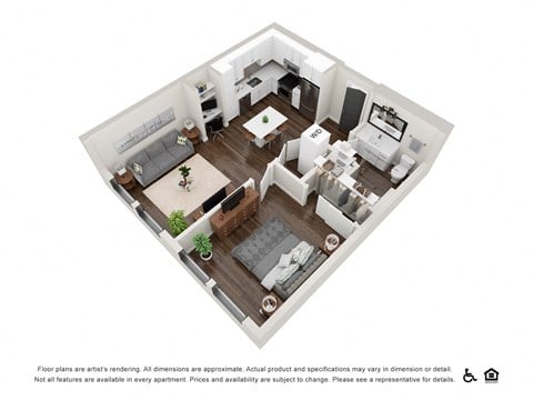 Floor plan for 1 bed, 1 bath, 615 sqft