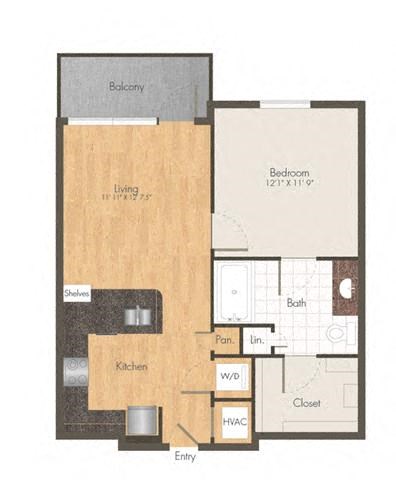 Floor plan for 1 bed, 1 bath, 656 sqft
