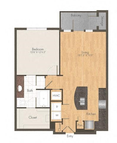 Floor plan for 1 bed, 1 bath, 843 sqft