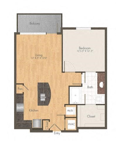 Floor plan for 1 bed, 1 bath, 731 sqft
