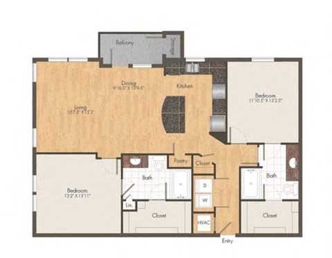 Floor plan for 2 beds, 2 baths, 1270 sqft