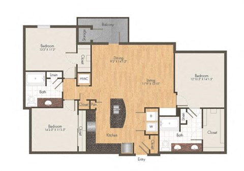 Floor plan for 3 beds, 2 baths, 1486 sqft