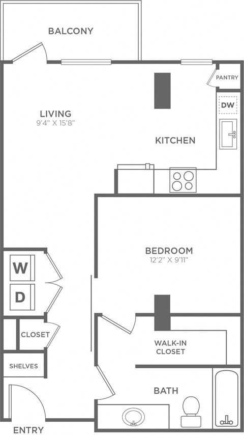 Floor plan for 1 bed, 1 bath, 669 sqft