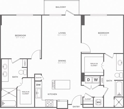 Floor plan for 2 beds, 2 baths, 1320 sqft