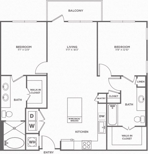 Floor plan for 2 beds, 2 baths, 1125 sqft