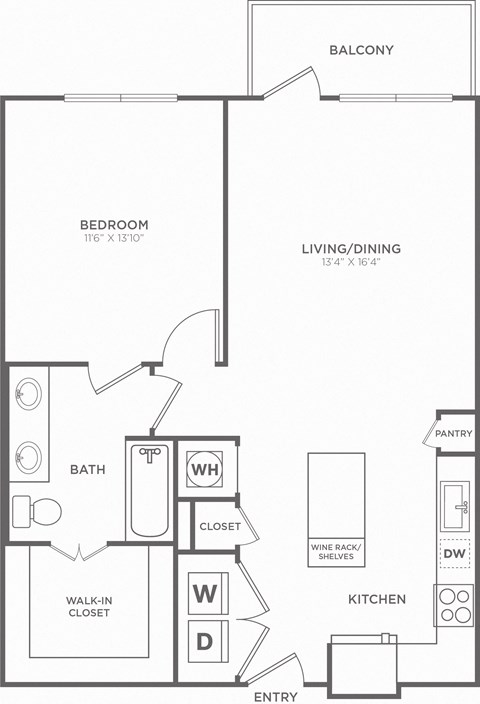 Floor plan for 1 bed, 1 bath, 803 sqft