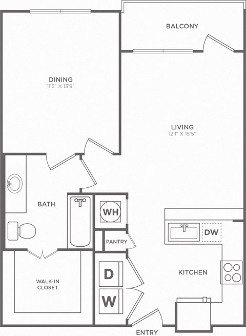Floor plan for 1 bed, 1 bath, 725 sqft
