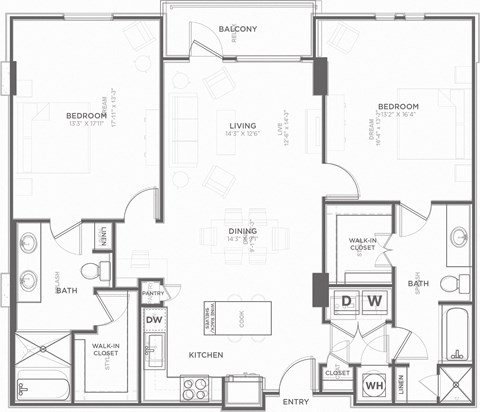 Floor plan for 2 beds, 2 baths, 1433 sqft