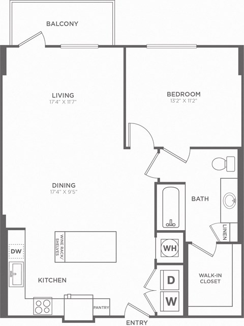 Floor plan for 1 bed, 1 bath, 884 sqft
