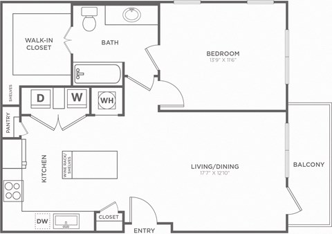 Floor plan for 1 bed, 1 bath, 837 sqft