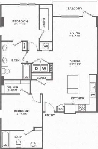 Floor plan for 2 beds, 2 baths, 1238 sqft