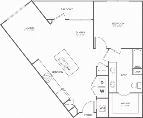 Floor plan for 1 bed, 1 bath, 858 sqft
