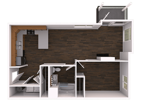 Floor plan for 1 bed, 1 bath, 715 sqft