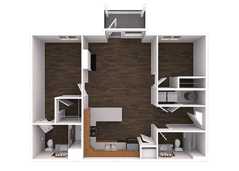 Floor plan for 2 beds, 2 baths, 935 sqft