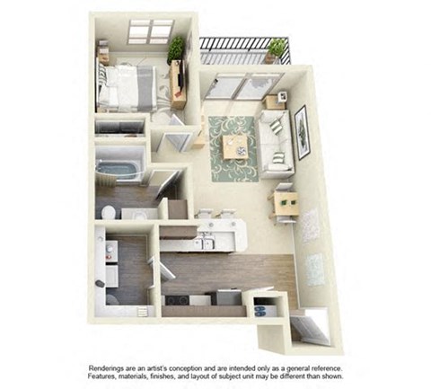 Floor plan for 1 bed, 1 bath, 652 sqft