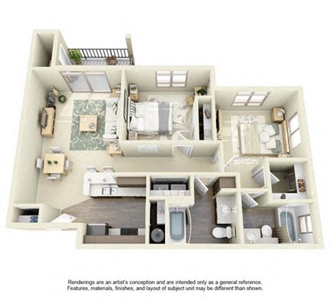 Floor plan for 2 beds, 2 baths, 947 sqft