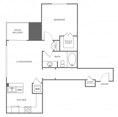 Floor plan for 1 bed, 1 bath, 851 sqft
