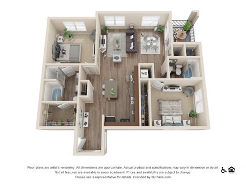 Floor plan for 2 beds, 2 baths, 1160 sqft