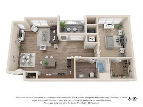 Floor plan for 1 bed, 1 bath, 885 sqft