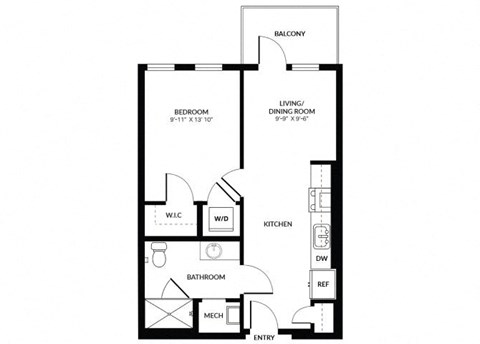 Floor plan for 1 bed, 1 bath, 628 sqft