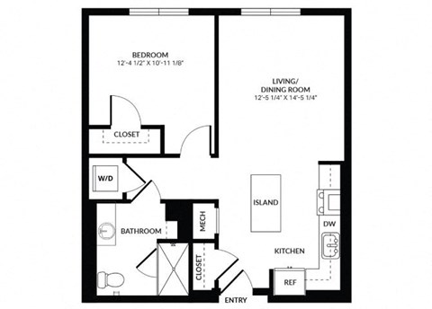 Floor plan for 1 bed, 1 bath, 750 sqft
