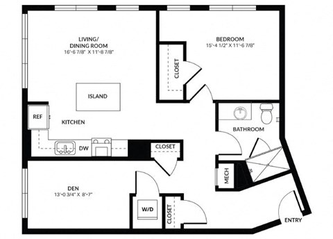 Floor plan for 1 bed, 1 bath, 1011 sqft