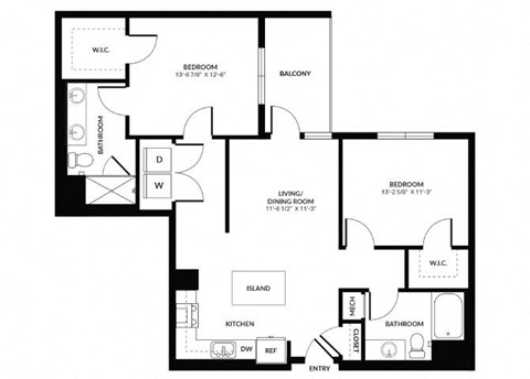 Floor plan for 2 beds, 2 baths, 1150 sqft