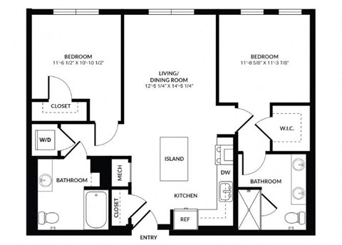 Floor plan for 2 beds, 2 baths, 1060 sqft