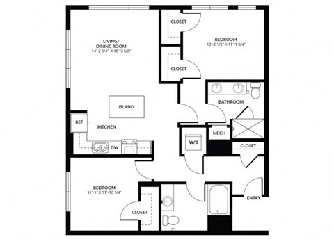 Floor plan for 2 beds, 2 baths, 1153 sqft