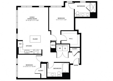 Floor plan for 2 beds, 2 baths, 1286 sqft