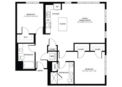 Floor plan for 2 beds, 2 baths, 1336 sqft