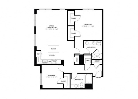Floor plan for 2 beds, 2 baths, 1371 sqft