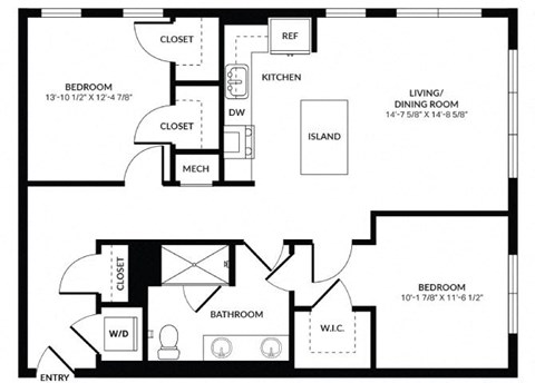 Floor plan for 2 beds, 1 bath, 1031 sqft