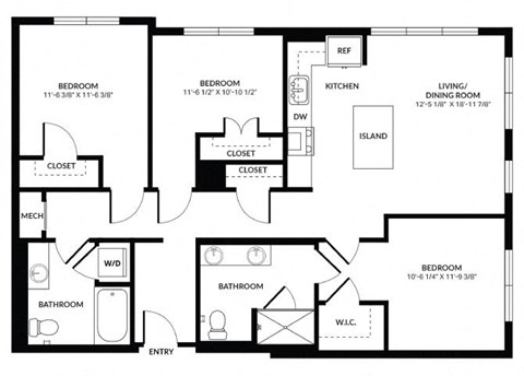 Floor plan for 3 beds, 2 baths, 1408 sqft