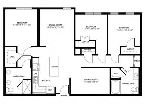 Floor plan for 3 beds, 2 baths, 1553 sqft
