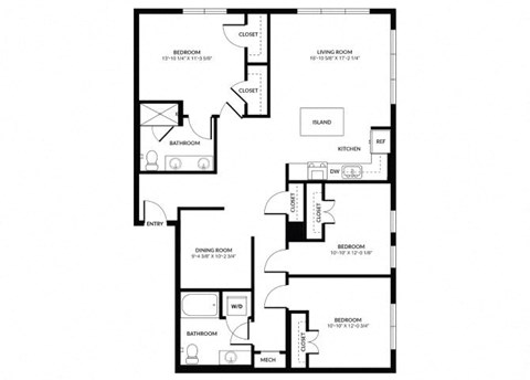 Floor plan for 3 beds, 2 baths, 1560 sqft