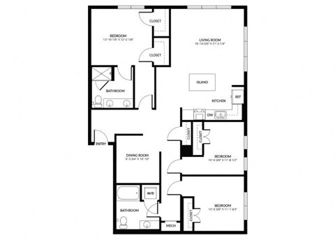 Floor plan for 3 beds, 2 baths, 1750 sqft