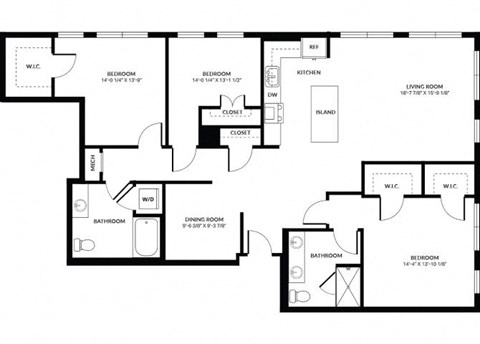 Floor plan for 3 beds, 2 baths, 1734 sqft