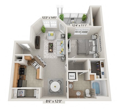 Floor plan for 1 bed, 1 bath, 736 sqft