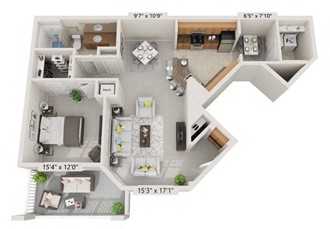 Floor plan for 1 bed, 1 bath, 955 sqft