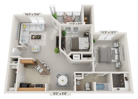 Floor plan for 2 beds, 1 bath, 930 sqft