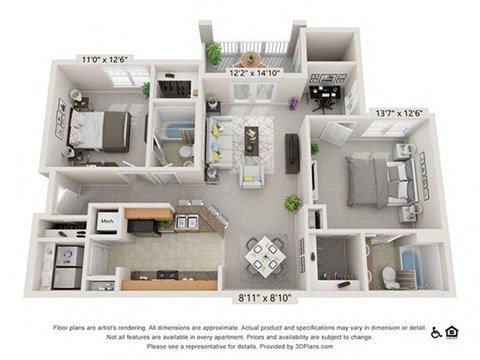 Floor plan for 2 beds, 2 baths, 1059 sqft