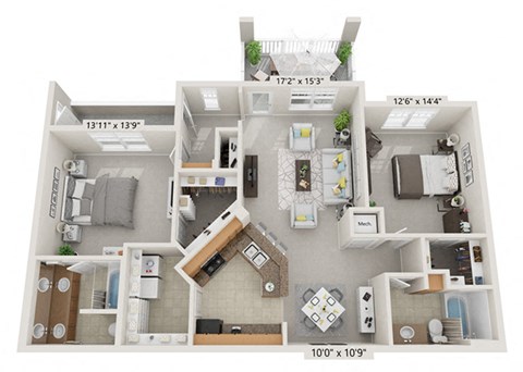 Floor plan for 2 beds, 2 baths, 1233 sqft