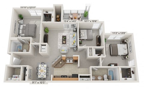 Floor plan for 3 beds, 2 baths, 1270 sqft