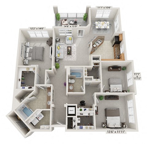 Floor plan for 3 beds, 2 baths, 1568 sqft