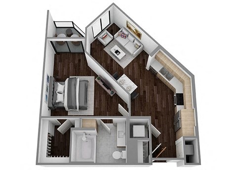 Floor plan for 1 bed, 1 bath, 634 sqft