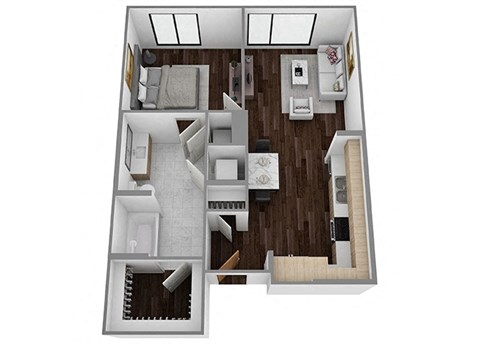 Floor plan for 1 bed, 1 bath, 652 sqft