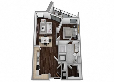 Floor plan for 1 bed, 1 bath, 679 sqft