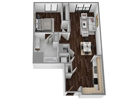 Floor plan for 1 bed, 1 bath, 715 sqft
